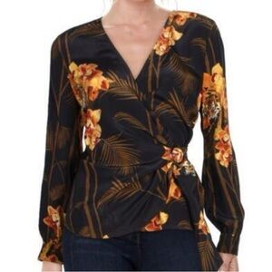 Ted Baker Black and Gold Floral 100% silk Wrap Blouse size small